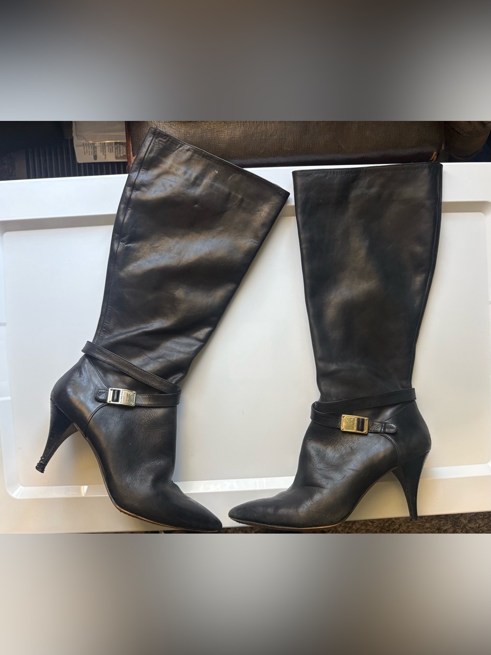 Vince Camuto Black Leather Knee-High Pointed-Toe Boots with Gold Buckle